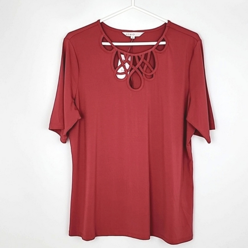 NWT Cleo Women's Rose Pink Short Sleeves Top Loop Cutout Neckline Drapey XL